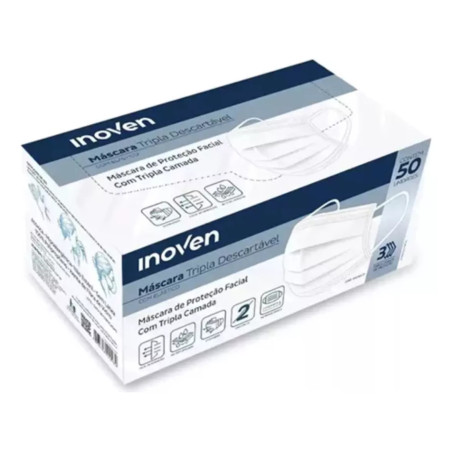 Máscara Descartável Tripla Com Elástico Branca 50 Unidades - Inoven